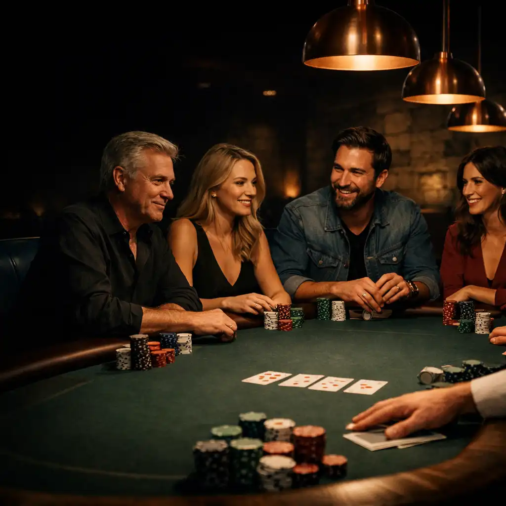 Guests seated around a real poker table under warm copper lighting in the Card Room