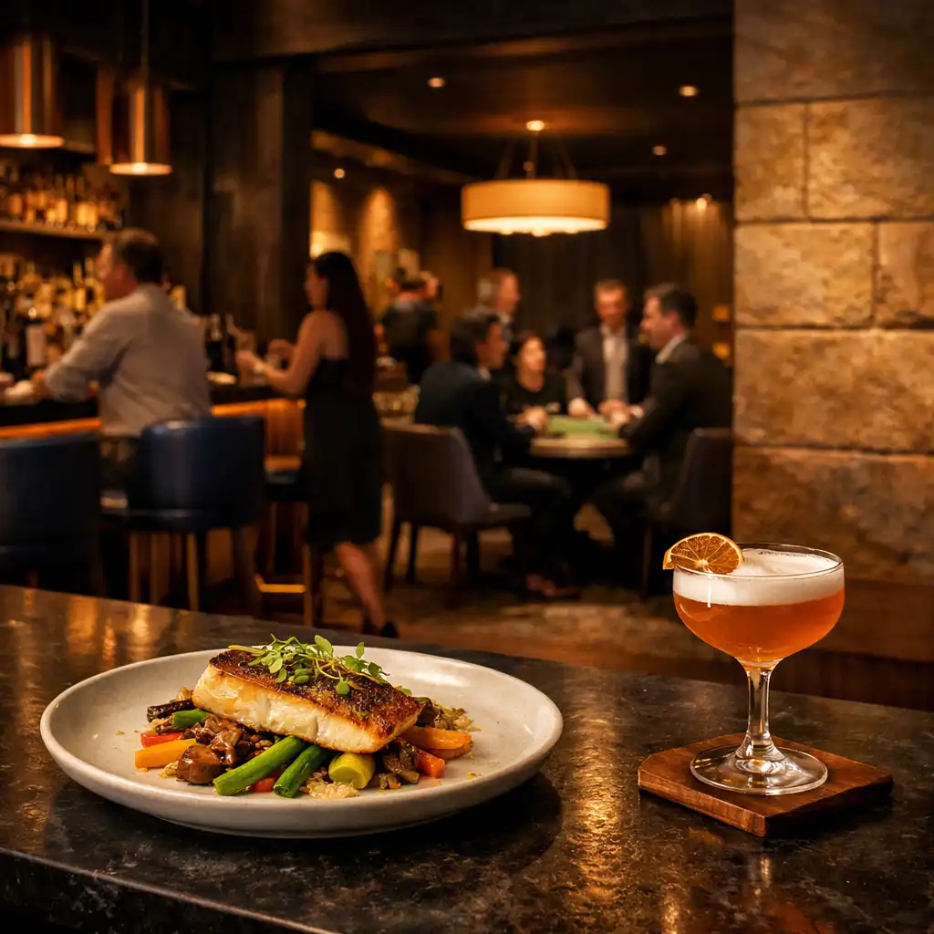 Restaurant bar with a cocktail and plated dish leading toward the Poker Lounge