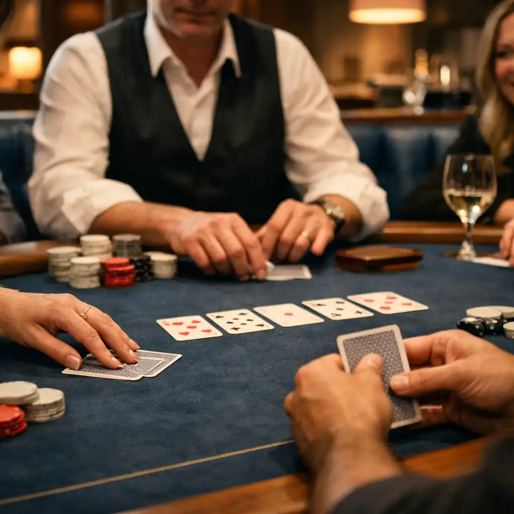 Adult friends playing face-to-face poker around a felt table in a refined Poker Lounge