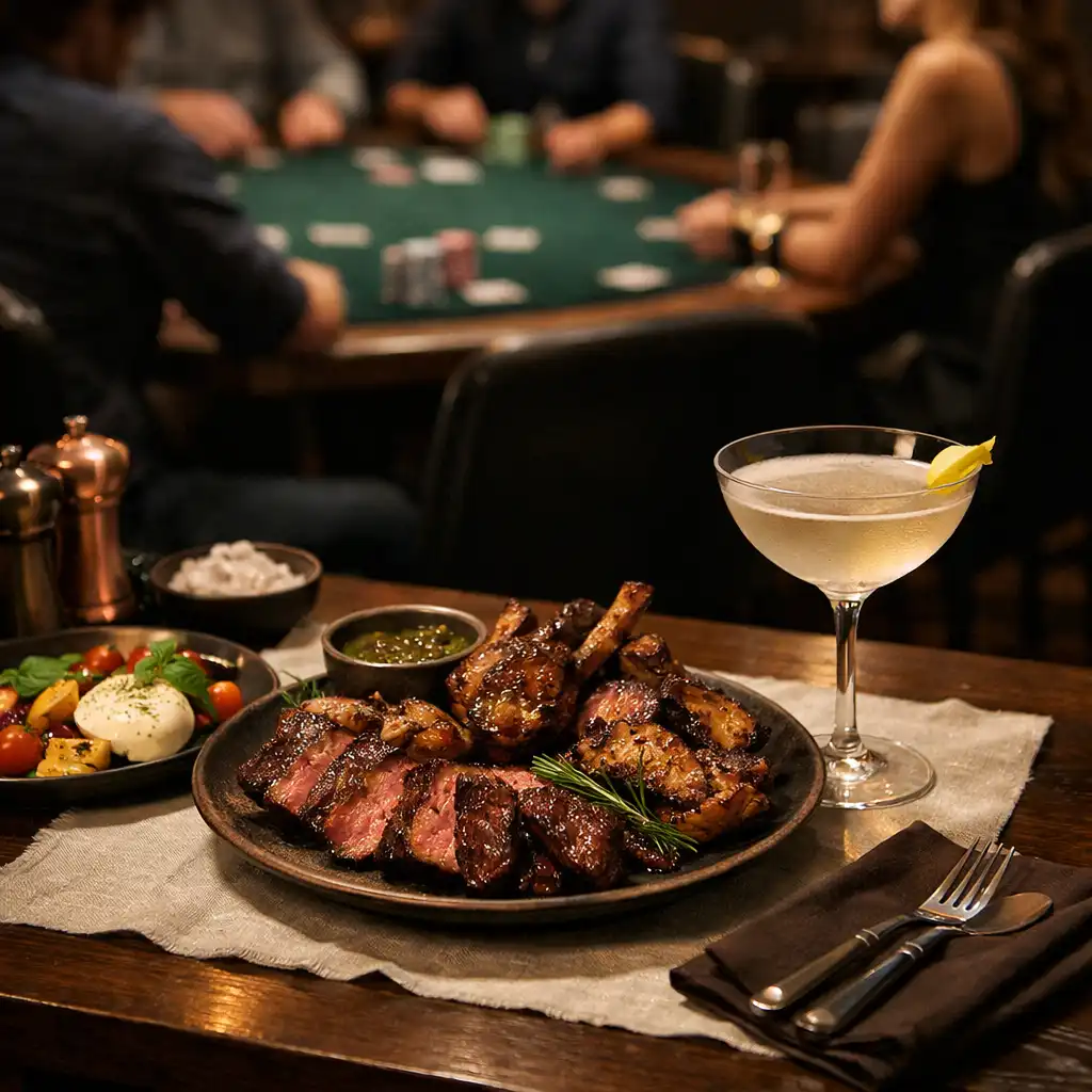 Late-night dining beside the softly lit Card Room