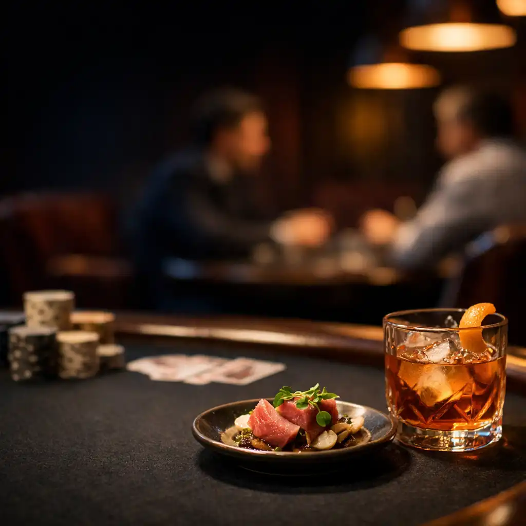 Late-night small plate and cocktail beside a physical poker table in the Card Room.