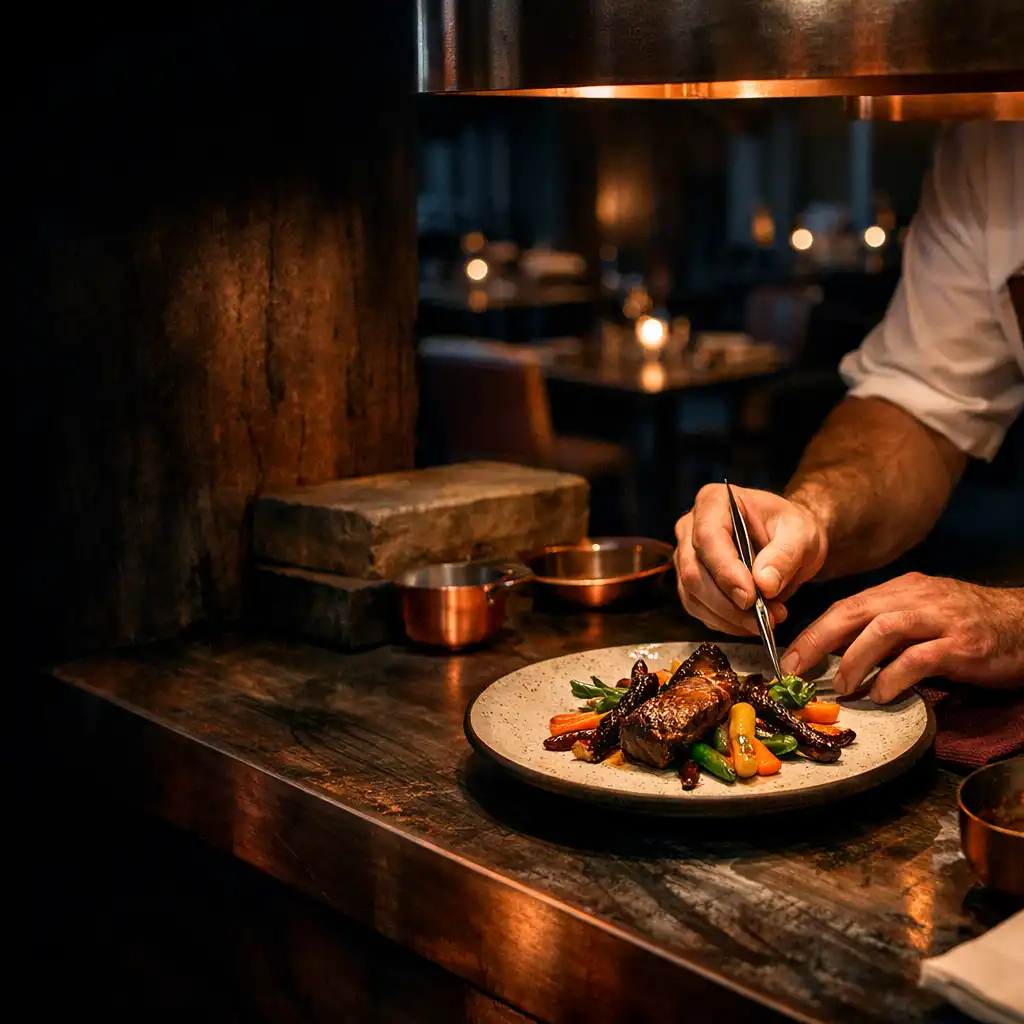 Chef finishing a contemporary grilled dish at a low-lit Australian restaurant pass.