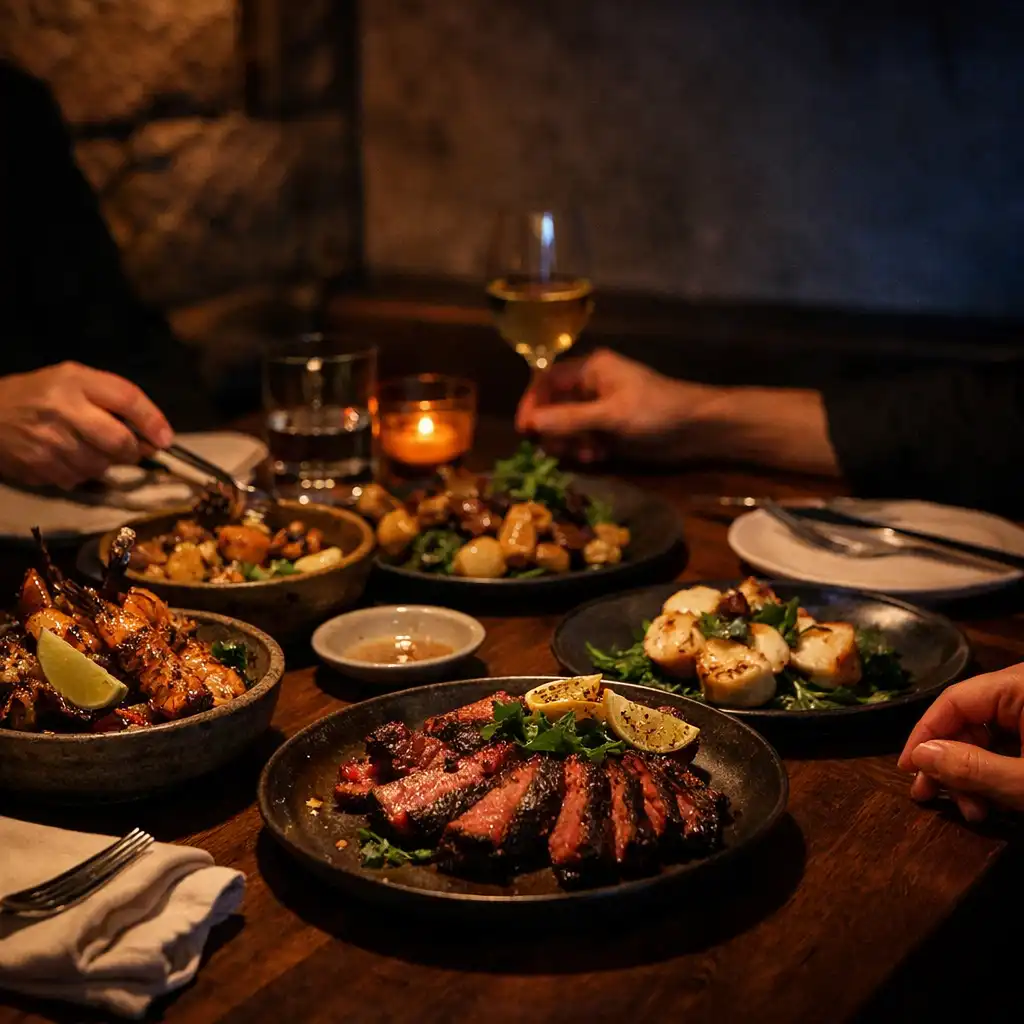 Seasonal sharing plates on a timber table set for an intimate restaurant dinner.