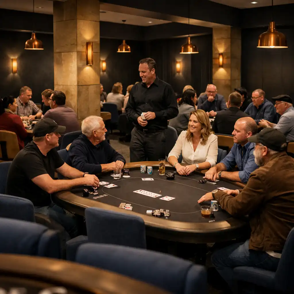 Several physical Texas Hold’em tables during a hosted Card Room evening