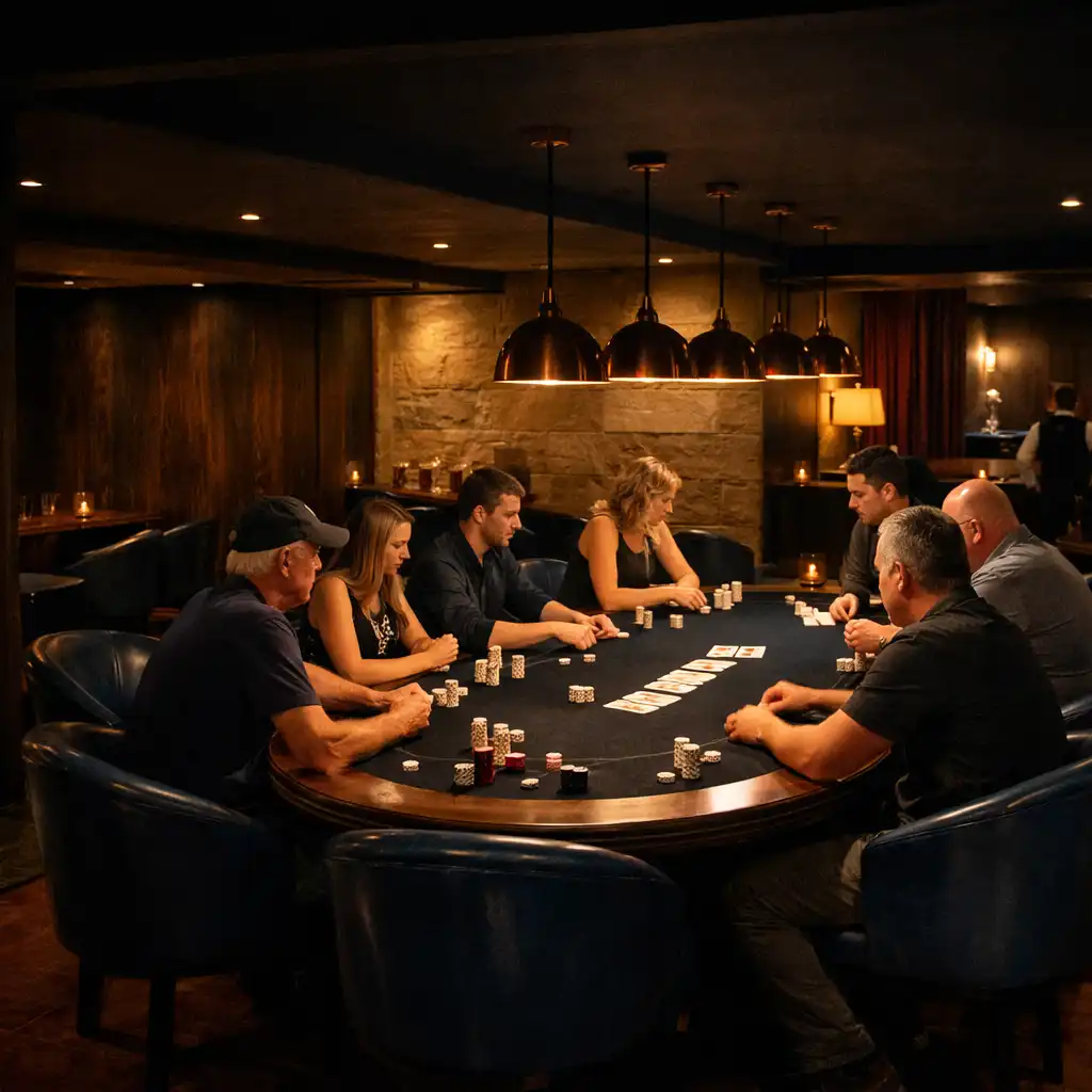 Adult guests gathered around a physical poker table in Jogacomcabeca's Card Room