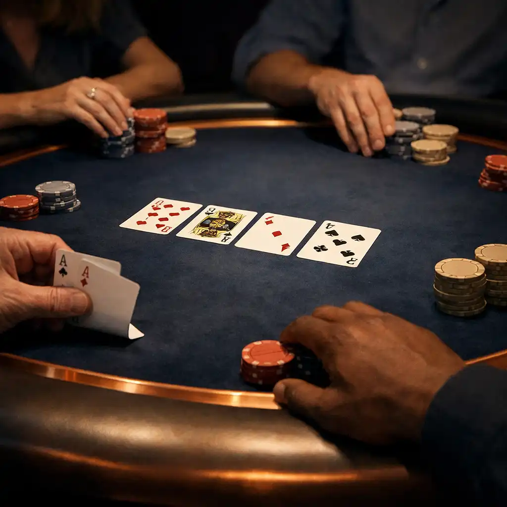 Hands, real playing cards and neutral chips across a dark felt poker table