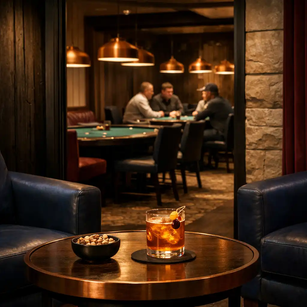 Deep blue lounge seating leading toward warmly lit poker tables
