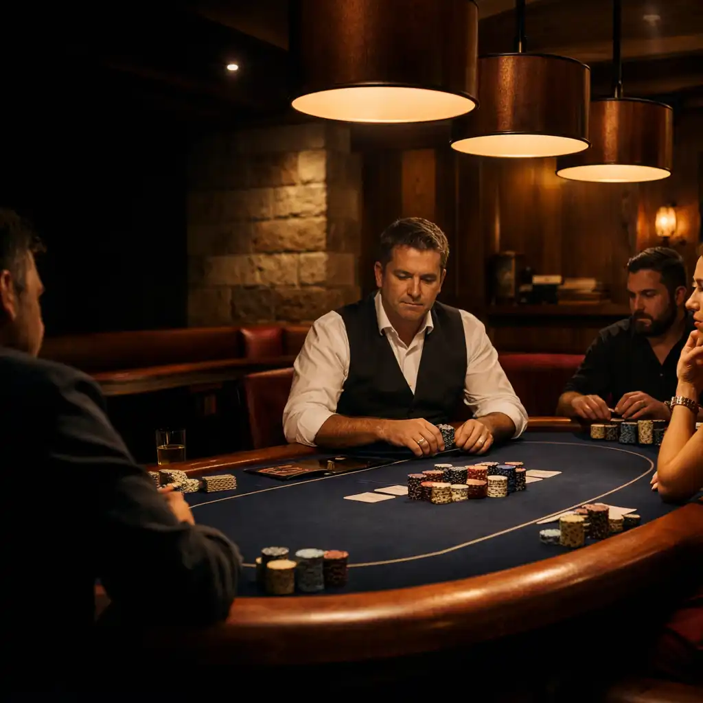 Dealer and adult players gathered around a warmly lit oval poker table in the Card Room