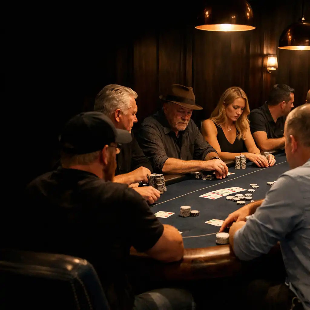 Players gathered around a real Texas Hold’em table in the Card Room