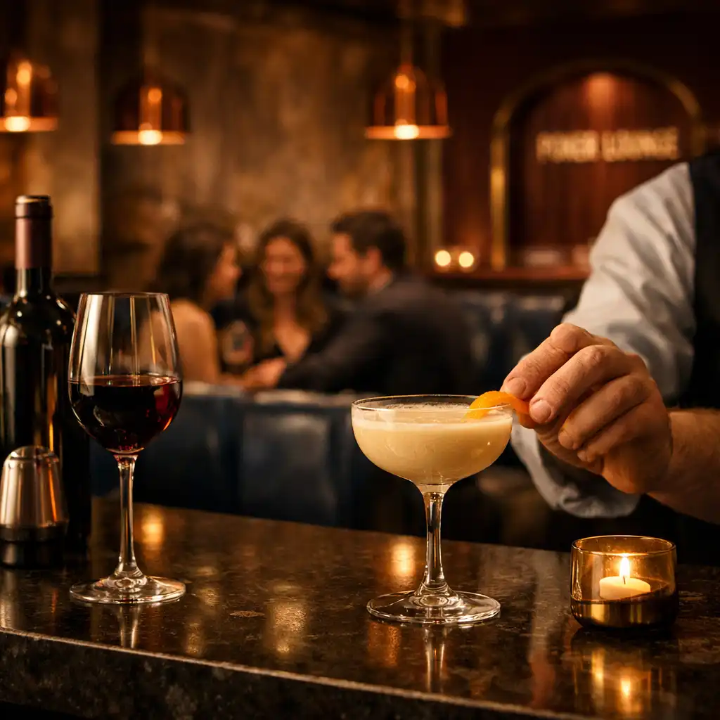 A bartender finishing a cocktail at a dark stone bar with lounge guests beyond.