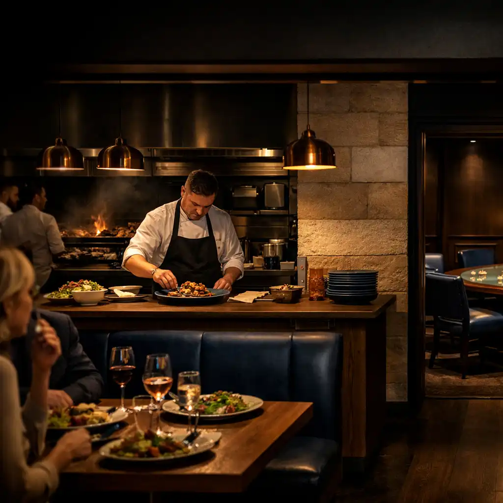 A contemporary dining room with a chef at the pass and a discreet physical poker table deeper in the venue.