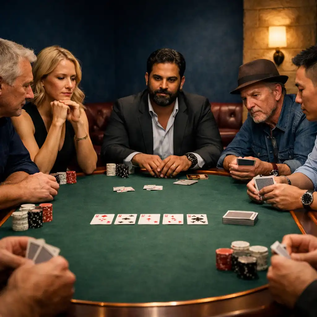 Players' hands, physical cards and neutral chips around a real Texas Hold'em poker table.