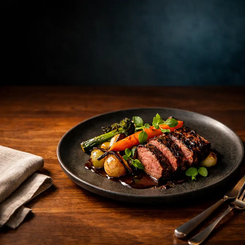 A grilled meat dish with seasonal vegetables and refined sauce on dark stoneware.
