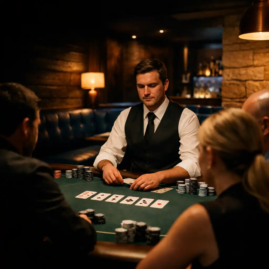 Dealer and players gathered around a real Texas Hold’em table in the Card Room