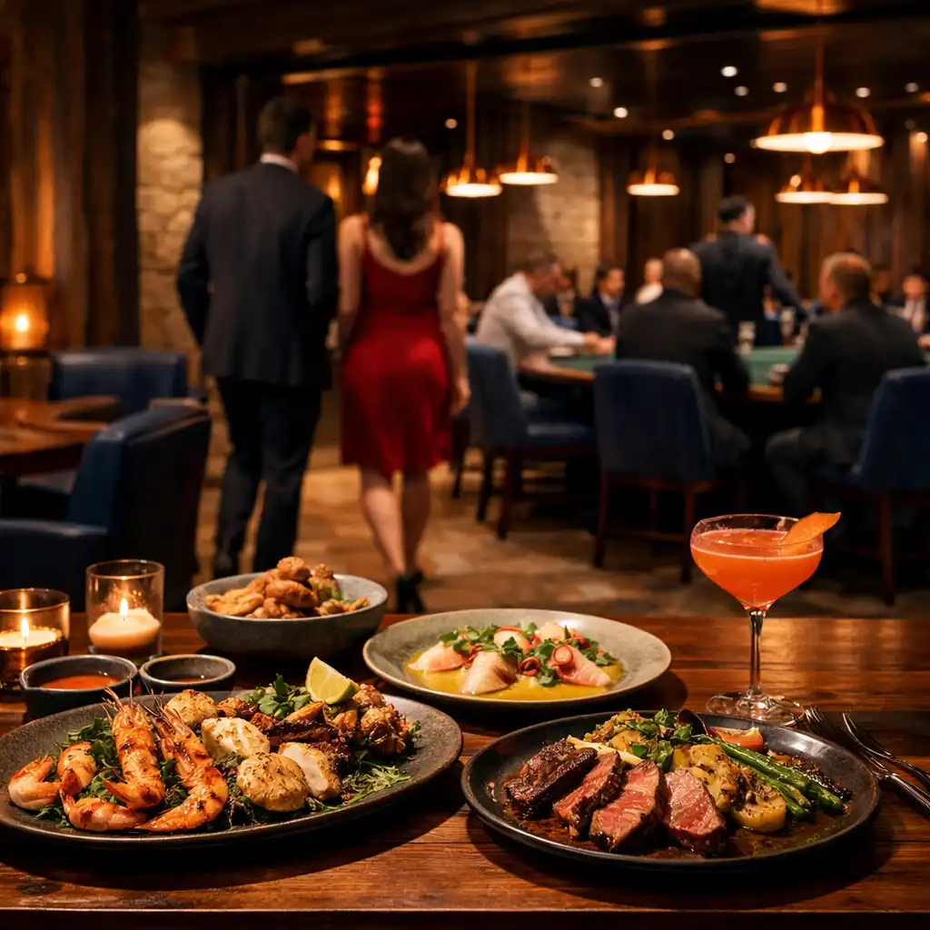 Dinner and cocktails leading toward the Poker Lounge and Card Room