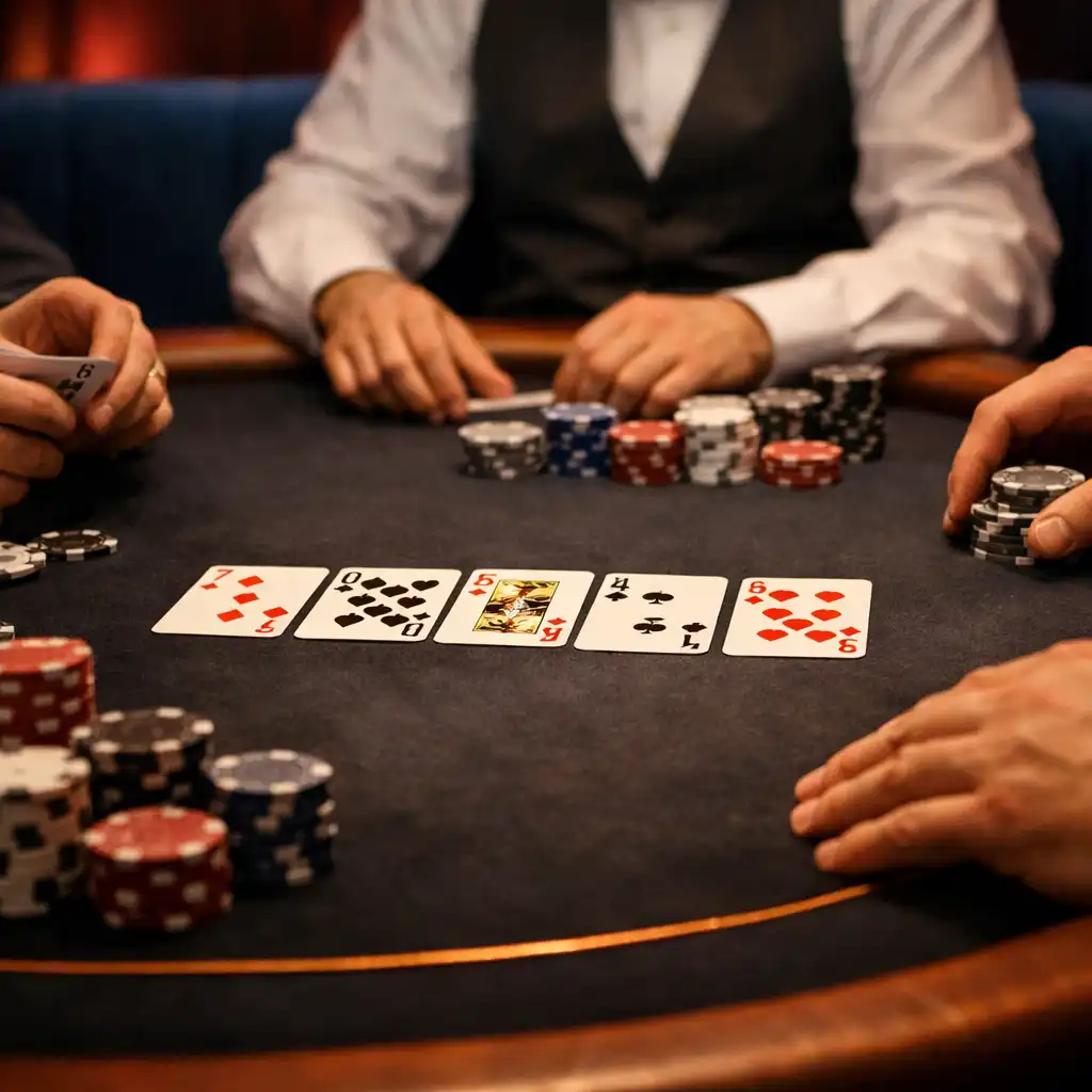 Hands, cards and neutral chips around a live Texas Hold'em poker table