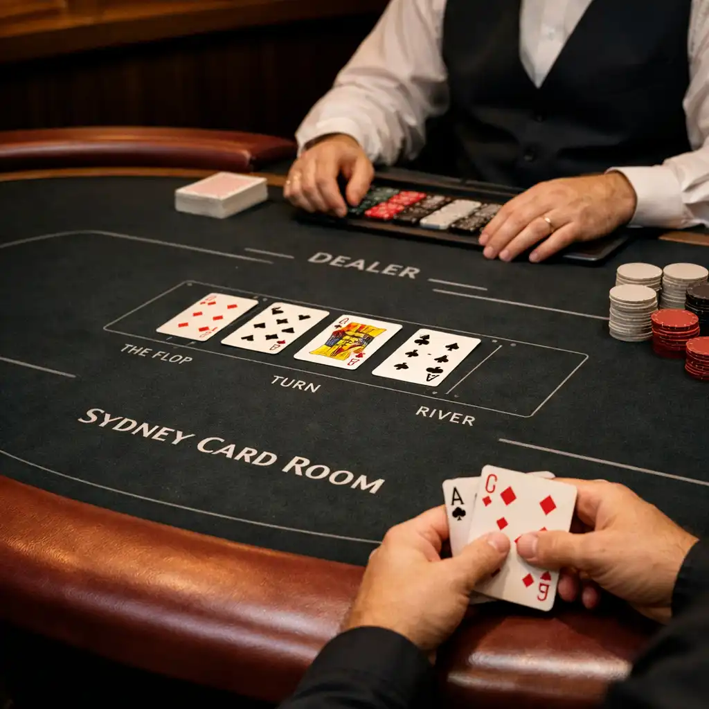 Live Texas Hold’em table layout showing the dealer area, cards and player positions