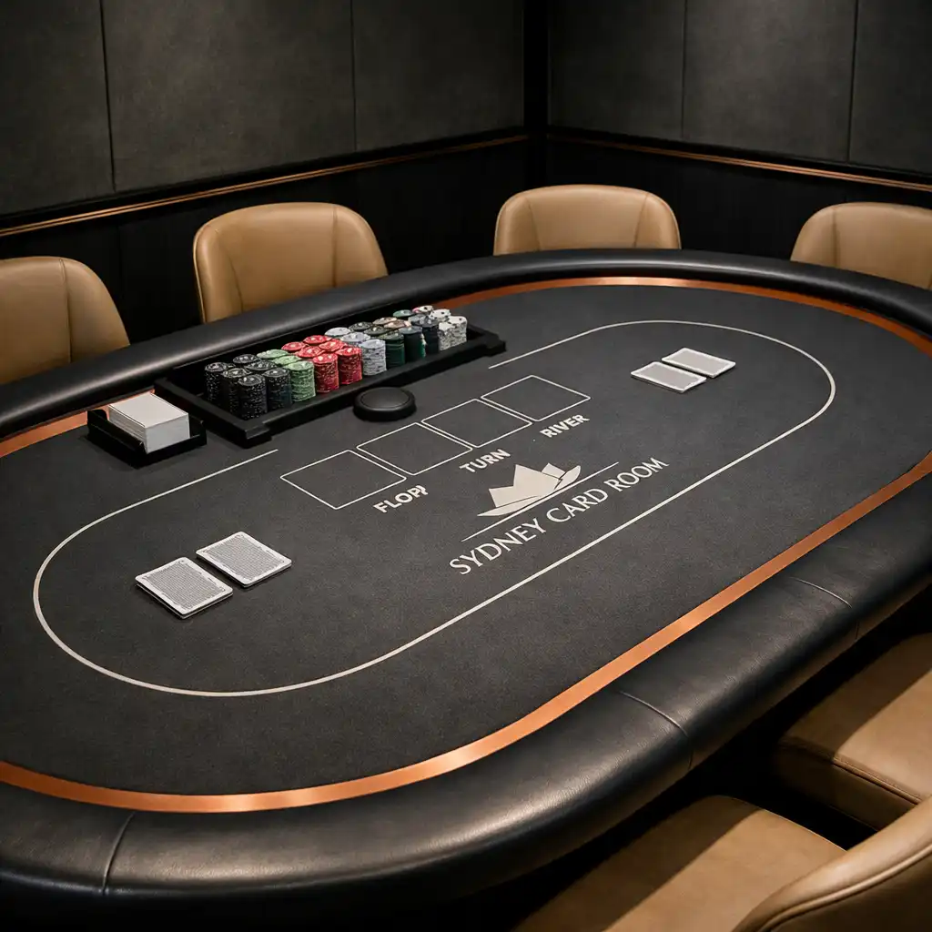 Prepared Texas Hold’em table showing felt surface, dealer position and carefully arranged seating